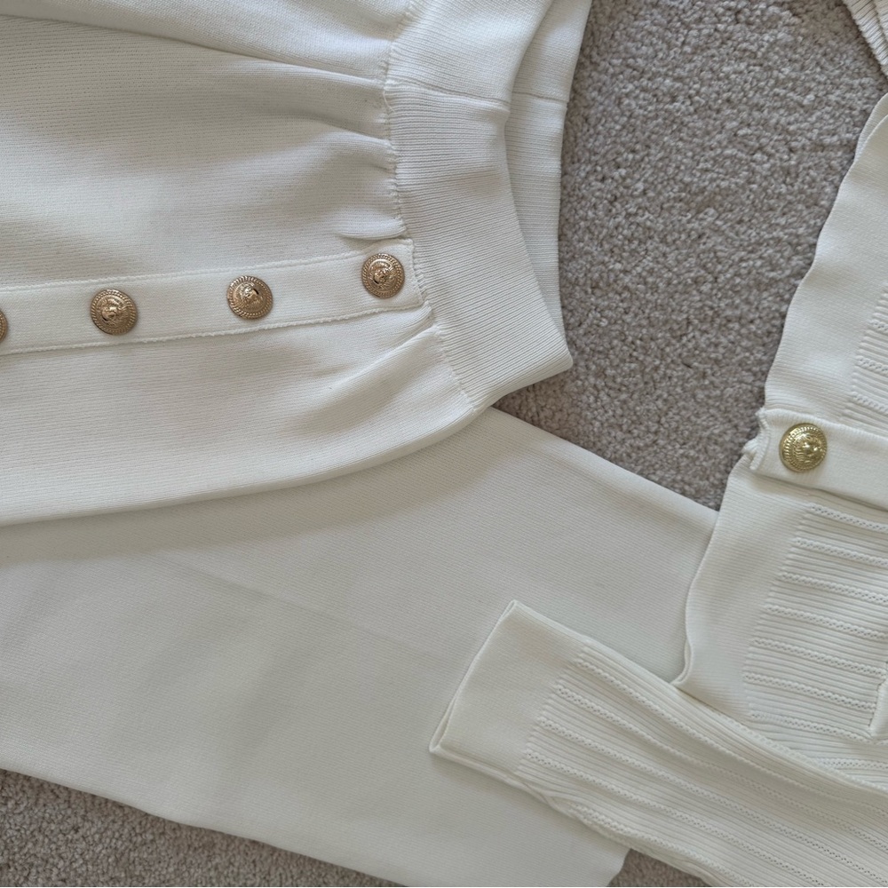 Elegant Cream Women's knit Pant, Top and Cardigan Set. 3 pieces. - Picture 2 of 4